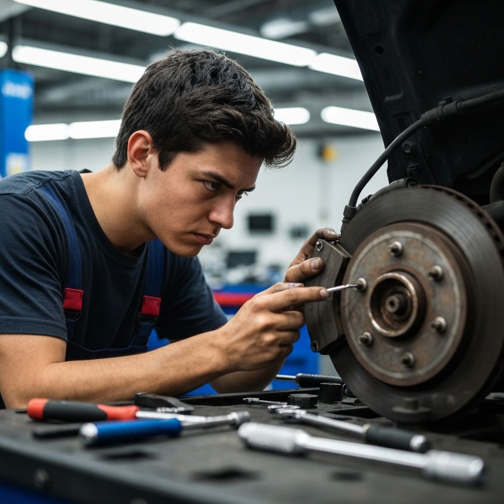 Close-up of automotive brake pad inspection and replacement service by certified technician