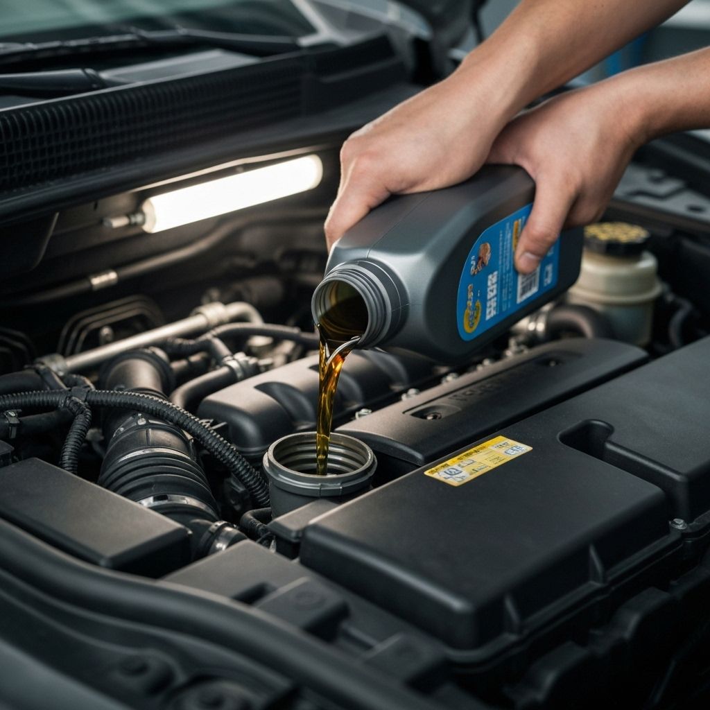 Expert automotive technician performing oil change service on vehicle engine