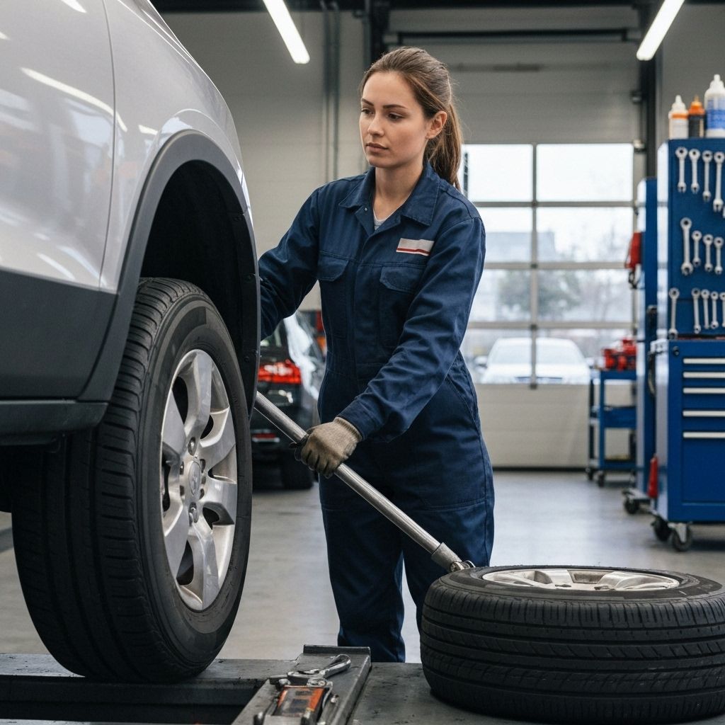 Professional mechanic changing car tire at Tire's World Corp auto shop in Hialeah FL
