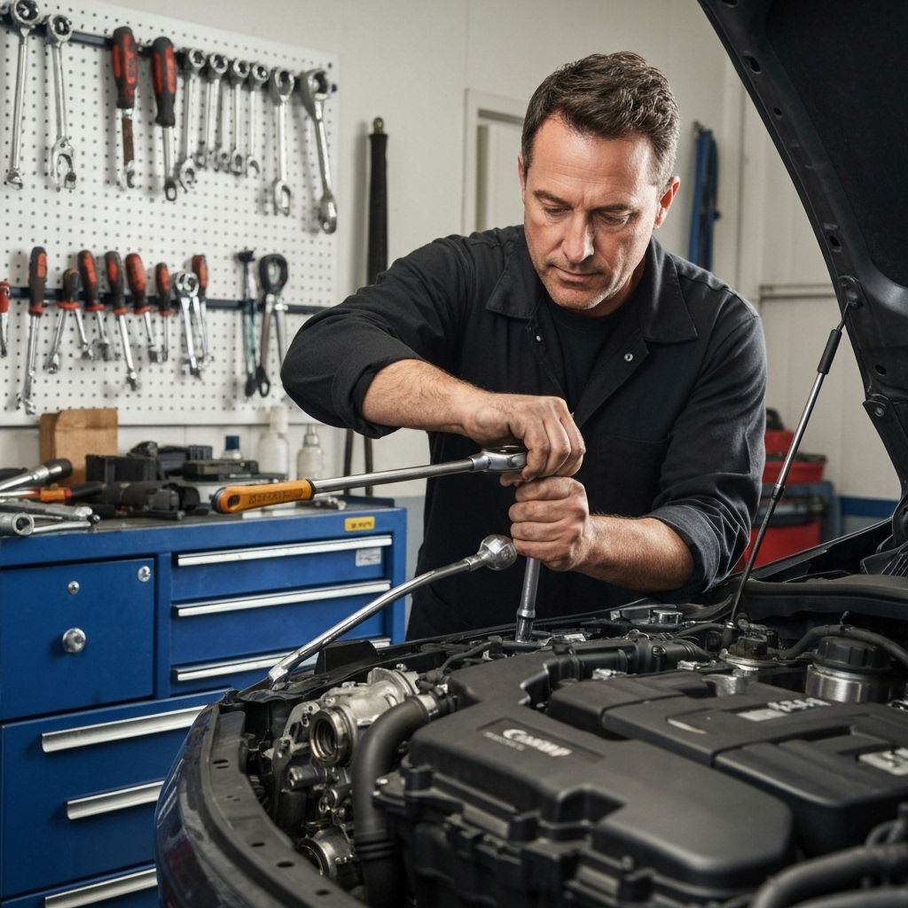 Professional mechanic performing engine maintenance and auto repair