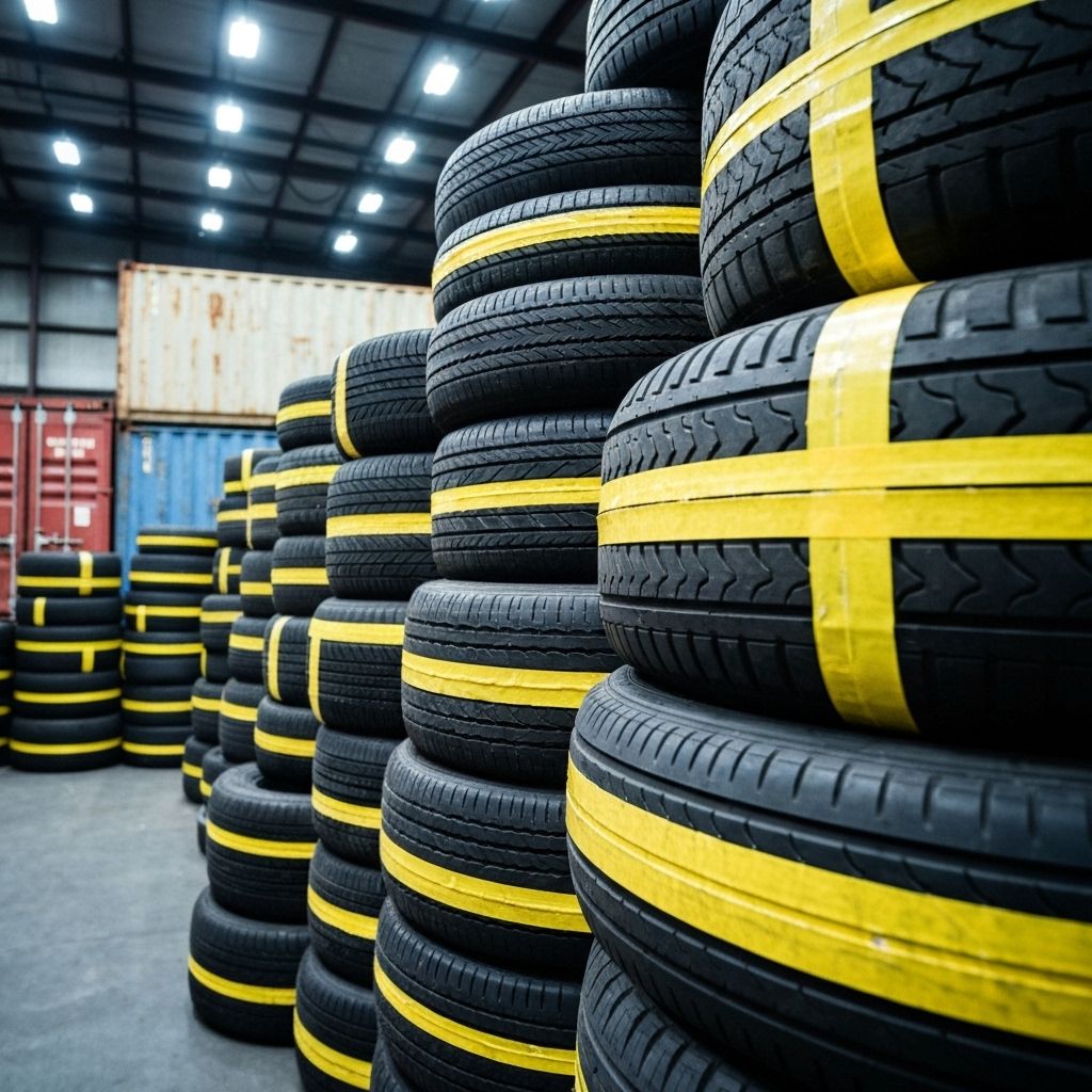 Organized stacked tires with quality markings in Tire's World Corp warehouse facility in Hialeah Florida